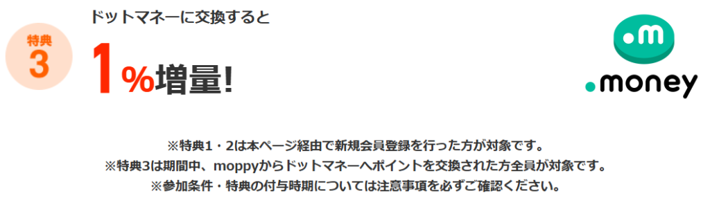 モッピーからドットマネーへポイント交換したら1%増量される公式案内画像